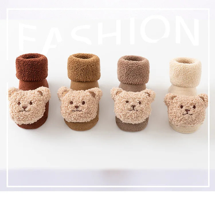 New Cute Cartoon Bear Baby Socks For Boys Girls Winter Soft Cotton Anti Slip Solid Newborn Toddler Sock Kids Thicken Socken