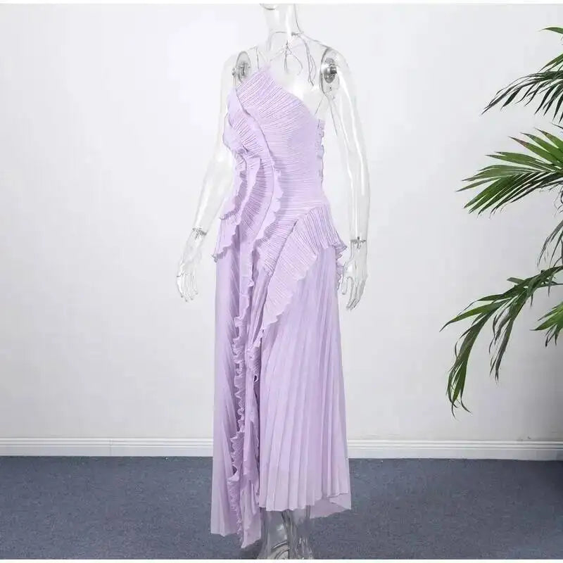 Giyu Sexy Evening Party Dresses Women Summer Halter Prom Gown Ruffles Lotus Edge Tiered Backless Robe Elegant Chiffon Long Dress