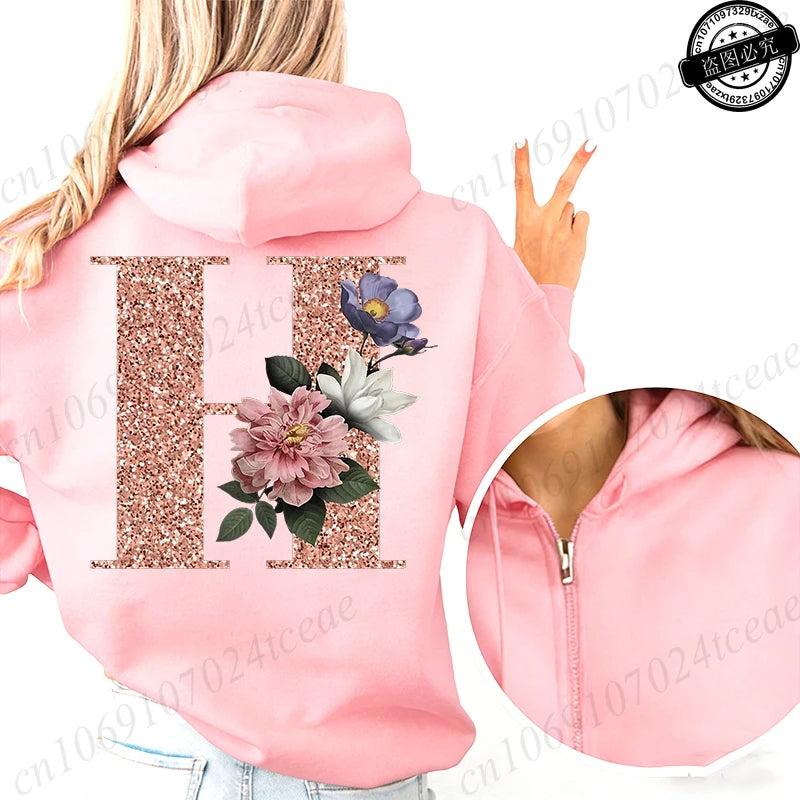 Women Zip Up Hoodies Rose Gold Letter A~Z Zipper Jackets Coats Autumn Winter Hoody Sweatshirt Fashion Casual Zip Pink Hoodie Top
