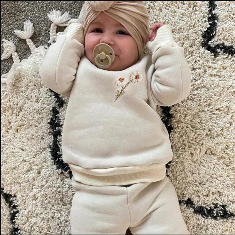 Autumn Winter Baby Girl Boy Clothes Set Embroidery Thicken Fleece Warm Sweatshirt Pant Boy Tracksuit Toddler Clothes Outfit 2Pcs