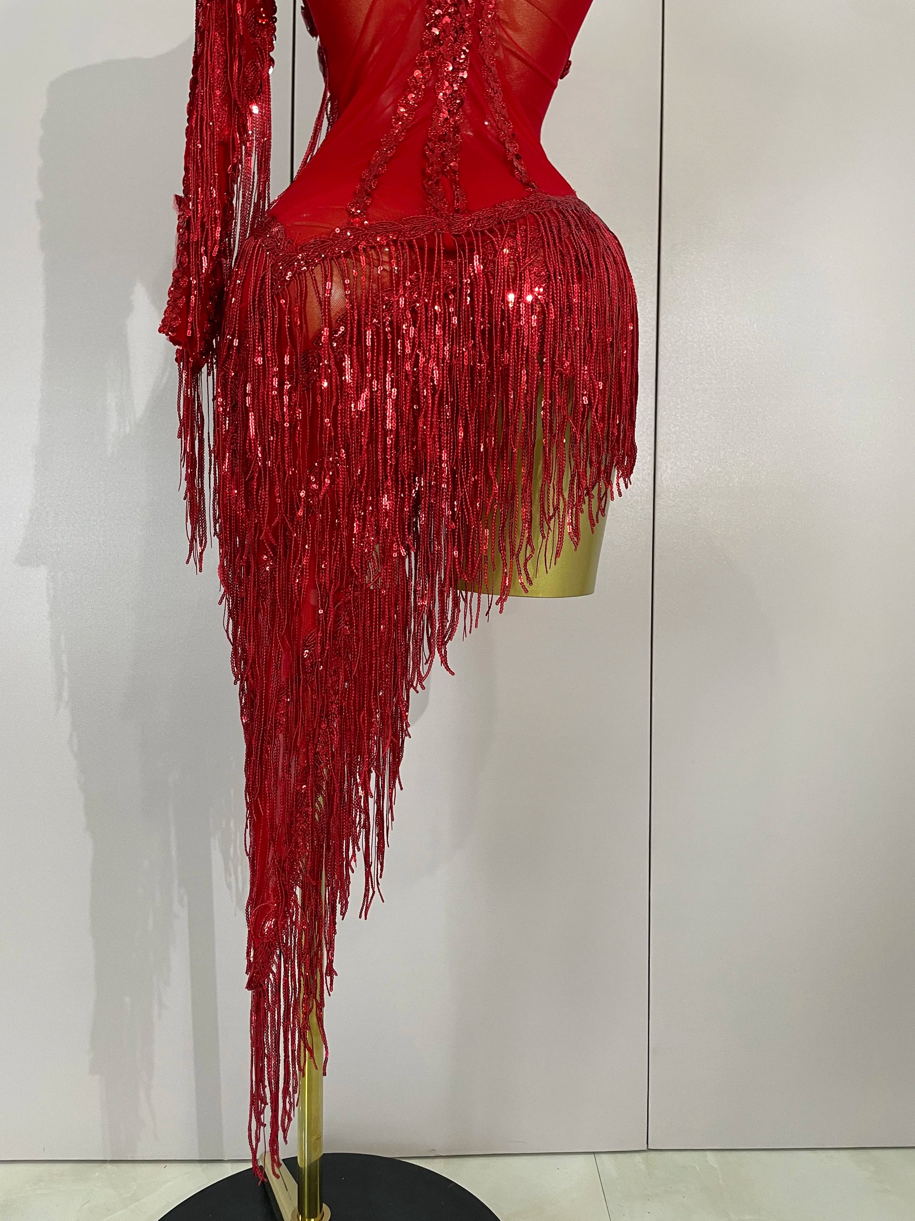 New Stage Costume Sparkly Rhinestones Tassel Sexy See-Through Dress Women One Shoulder Latin Dance Bars Nightclub Party Outfits