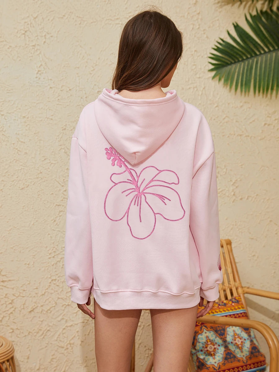 Women’s Coconut Tree Embroidered Hoodie – Loose Waffle-Knit Pullover