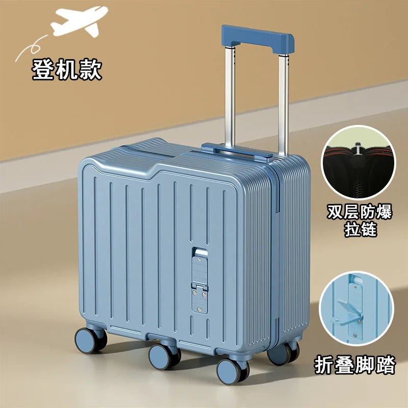 2024 Newest Design Children Luggage Sitting and Riding Mini 20 Inch Travel Boarding Suitcase Six Wheels With Folding Foot Pedal