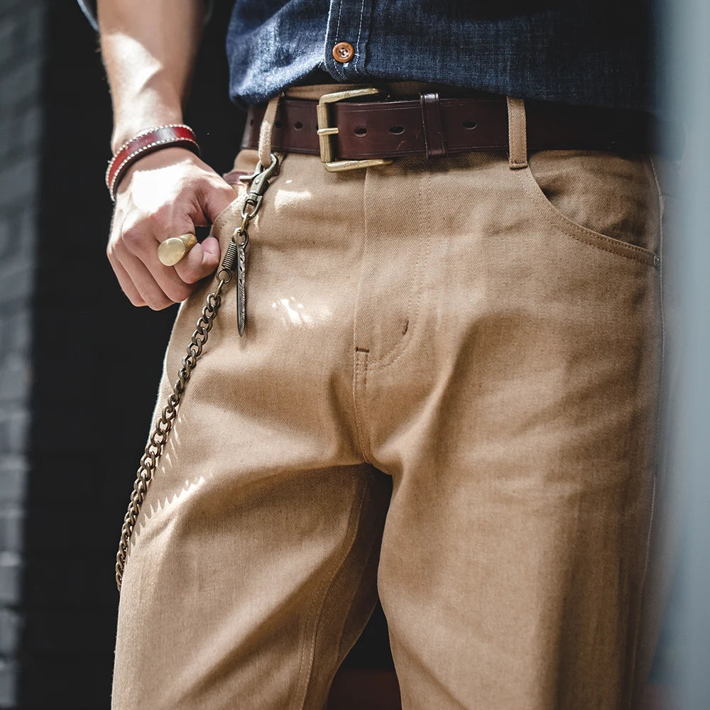 Maden Vintage Raw Denim Selvedge Jeans 11.7OZ Straight Fit Tapered Jeans Men's Solid Color Khaki Pants Streetwear Trousers