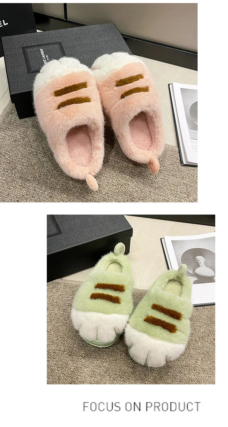 New Adorable Kitty Claw Slippers Women's Home Shoes Non Slip Furry Mules Female Fashion Warm Fluffy Slides Outdoor Cat Slippers