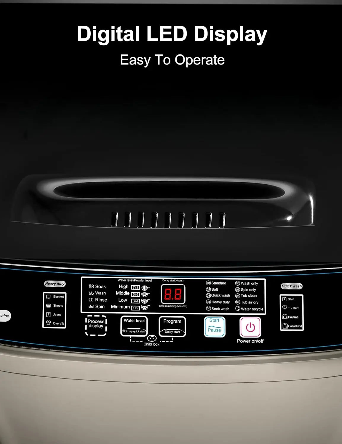 Save Energy Full Automatic Glod Washing Machine with LED Display 17.7 lbs Portable Washer Drain Pump 10 Programs&8 Water Levels