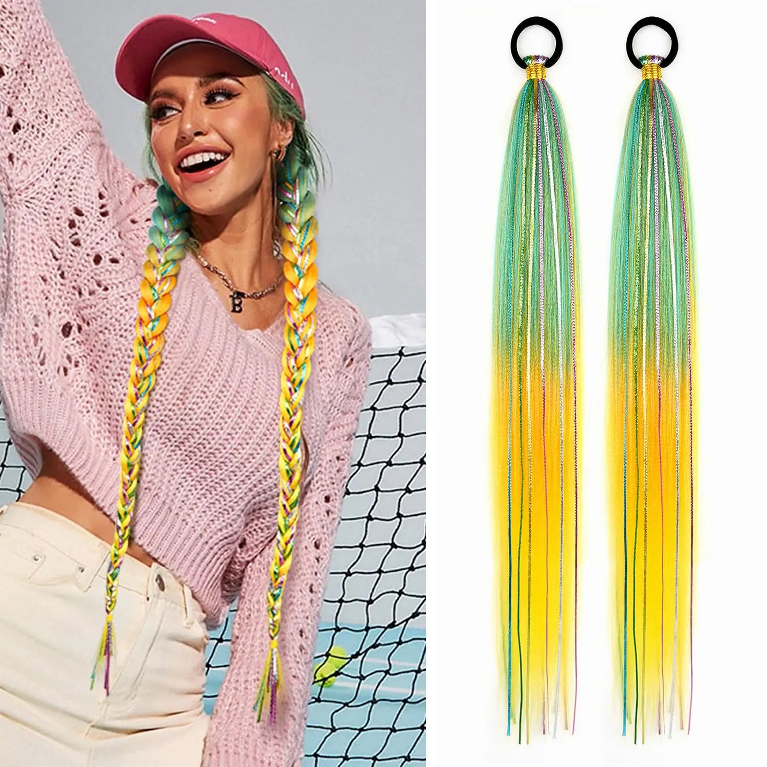 26 Inch Hair Tinsel Colored Braided Ponytail Extension 1/2 Pack Blue Pink Gradient Hair Extensions Synthetic Ponytail