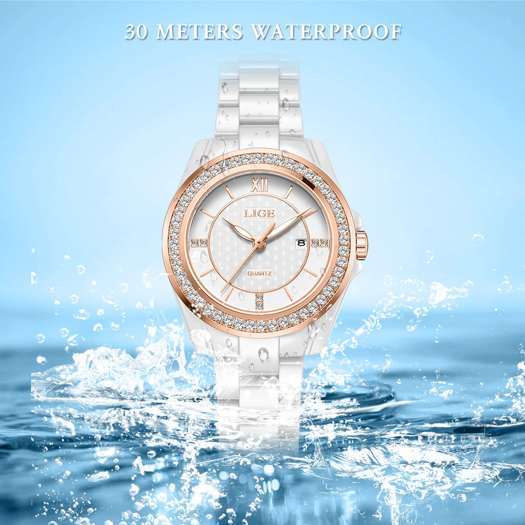 New LIGE Fashion Quartz Watch for Women Ceramics Strap Waterproof Date Women's Watches Elegant Luxury Diamond Ladies Wristwatch