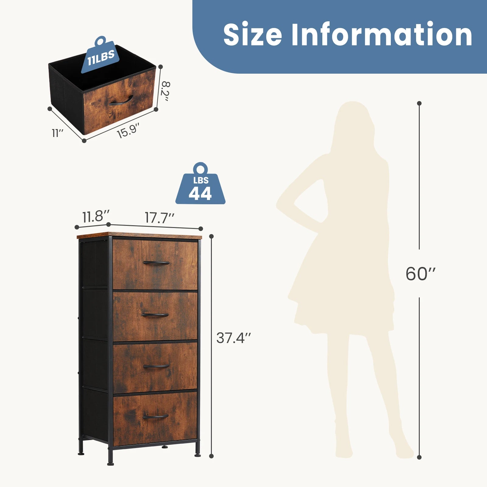 JHK Dresser For Bedroom With 4 Fabric Drawers Nightstand Wardrobe Steel Frame Closet For Clothes Storage Cabinet Of Furniture