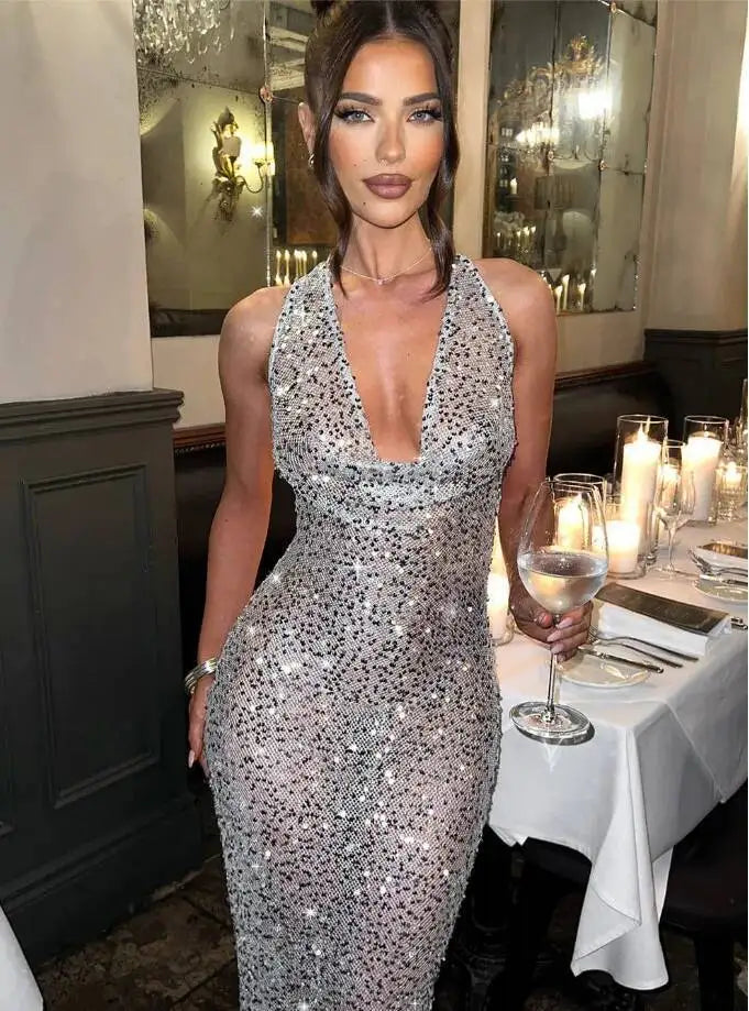 Giyu Sexy Glitter Sparkle Sequined Club Evening Party Dresses Women 2025 Summer Autumn Halter Backless Bodycon Maxi Long Dress