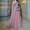 MisShow Customized Pink Feather & Beaded Evening Dress Gown with Sleeves Modest Dresses for Arabic Weddings & Royal Banquets