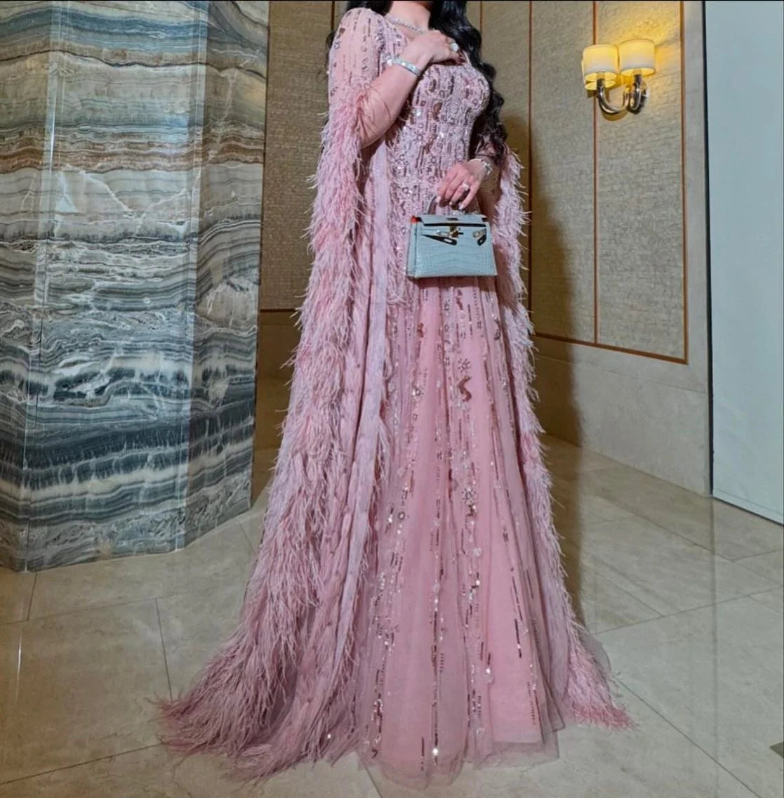 MisShow Customized Pink Feather & Beaded Evening Dress Gown with Sleeves Modest Dresses for Arabic Weddings & Royal Banquets