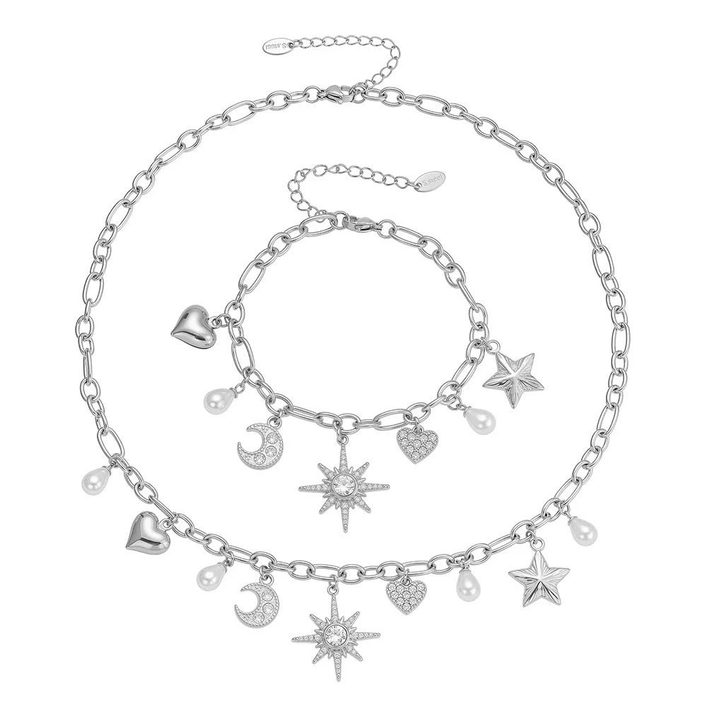 Zircon Heart, Star & Moon Jewelry Set | 18K Gold-Plated Stainless Steel Necklace & Bracelet