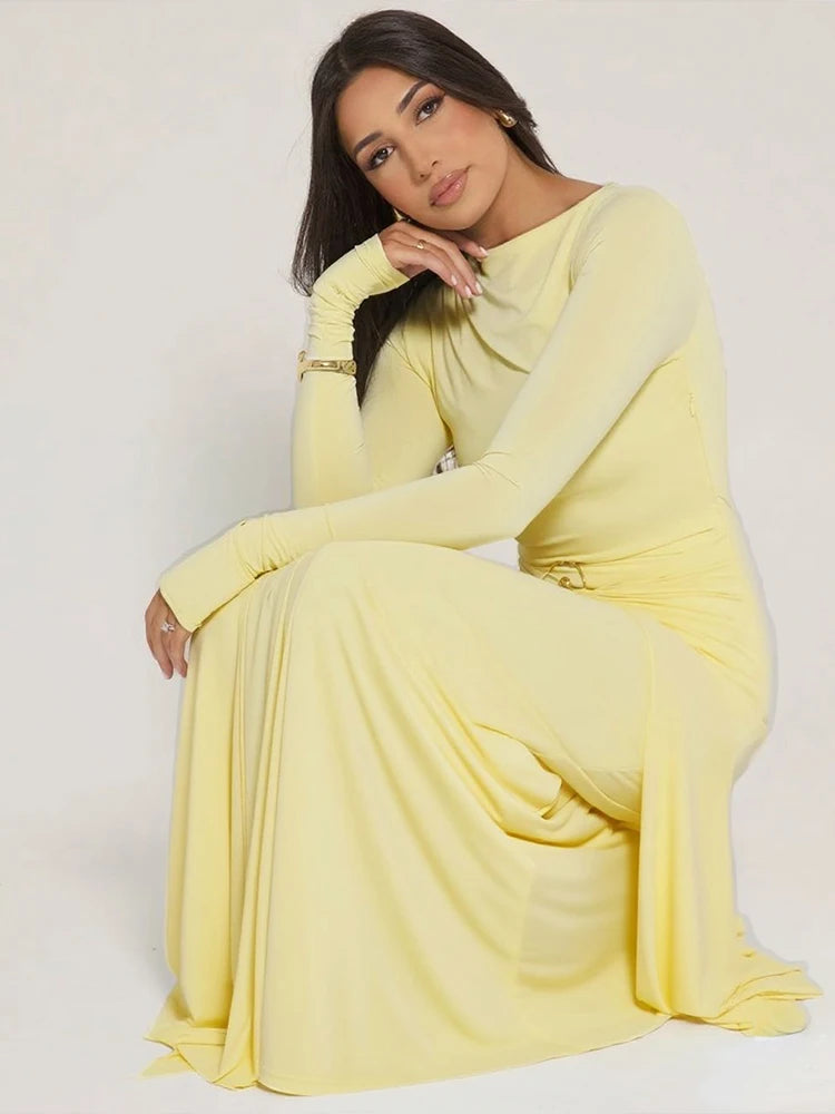 Weird Puss Ruched Elegant Maxi Dress Women Daily Casual Fashion Skinny Full Sleeve Solid Gown Midnight Prom Party Long Bodycon