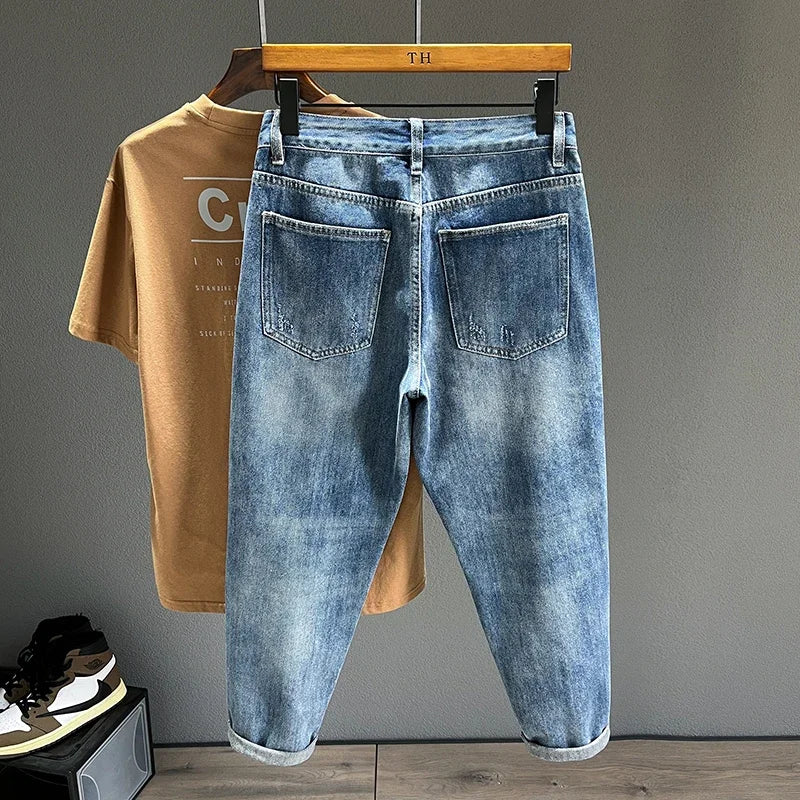 New Men's Ripped Jeans Personality Fashion Tapered Hole Frayed Denim Trousers Streetwear Casual Vintage Blue Pants Male Clothes