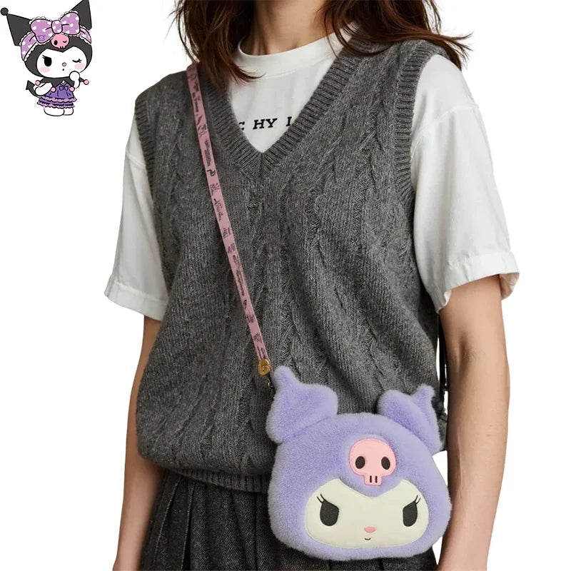 New Sanrio Cartoon Kuromi Skull Plush Bag Shoulder Bag Girl Cute Sweet Girl Heart Handbag Crossbody Bag Plush Money Storage Bag