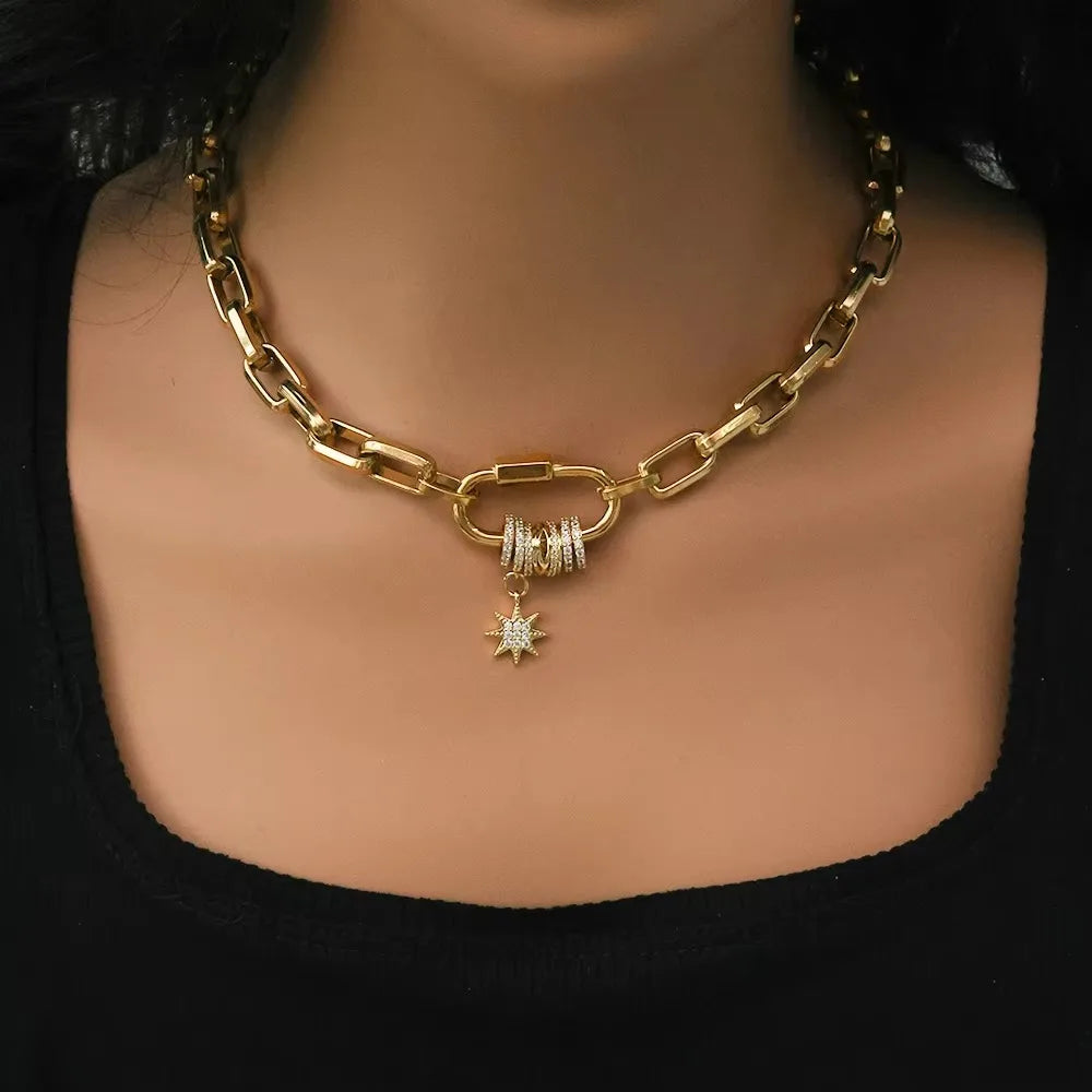 2025 Luxury Gold-Plated Chunky Chain Necklace | Stainless Steel Carabiner Design with Zircon Charms