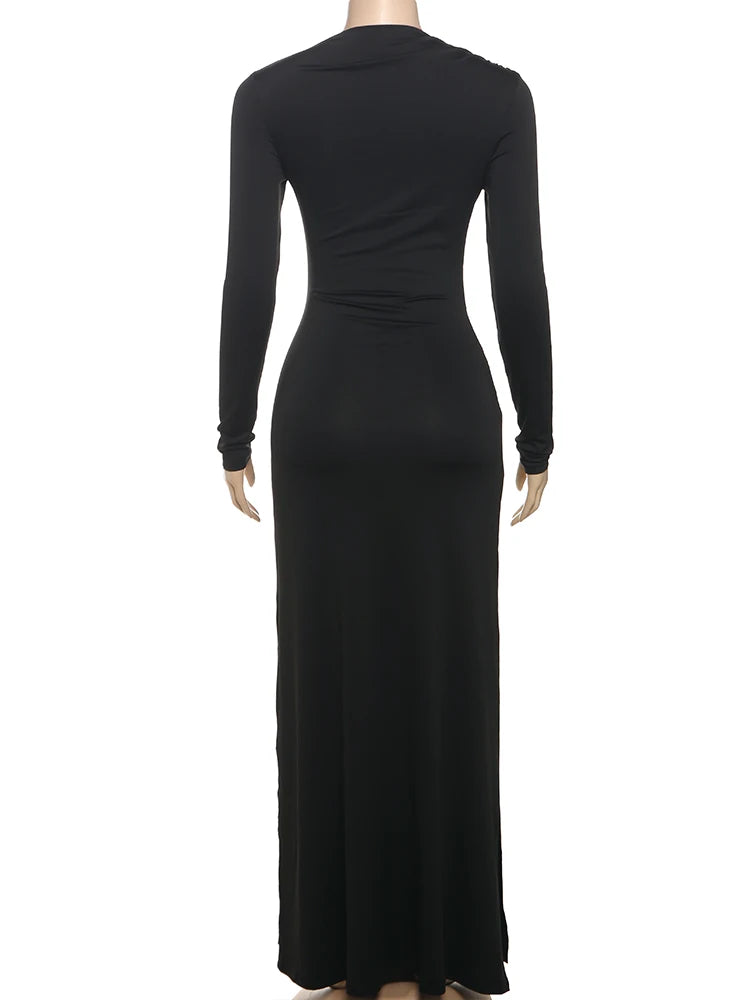 Weird Puss Ruched Elegant Maxi Dress Women Daily Casual Fashion Skinny Full Sleeve Solid Gown Midnight Prom Party Long Bodycon