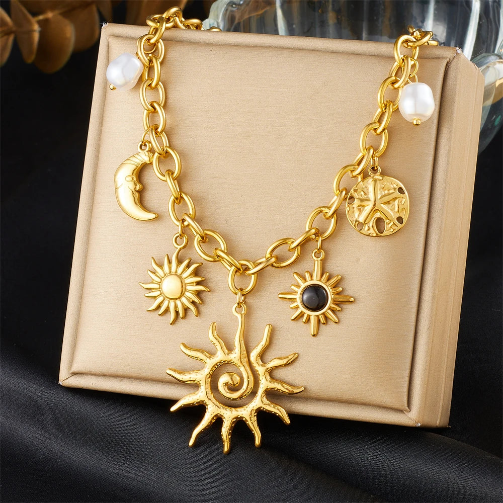 Golden Starfish Moon & Sun Pendant Necklace | 316L Stainless Steel Romantic Chain for Women