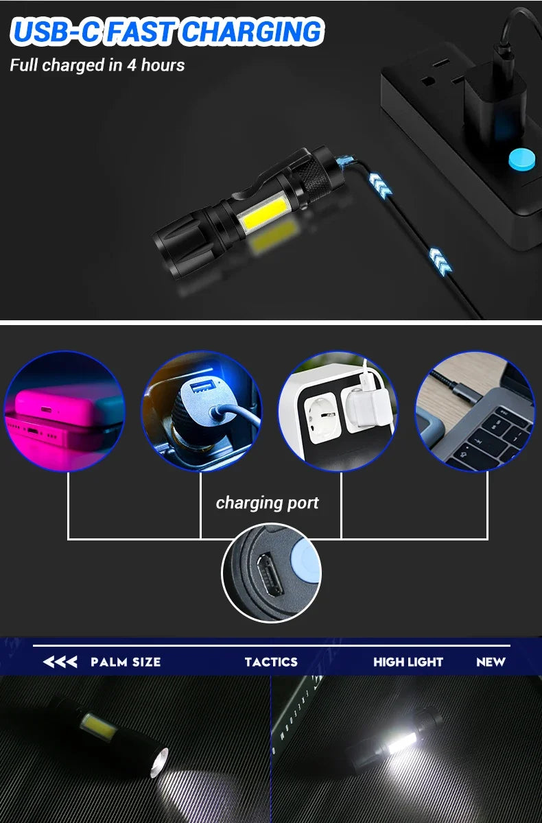 1-5PCS Mini LED Flashlight Zoom Torch COB+XPE Lamp Built-in Battery Lamp Outdoor Waterproof Emergency Pocket Light With Pen Clip