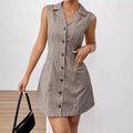 French Retro Plaid Dresses Women Summer New  Sleeveless Round Neck Button Up Cocktail Dress Female Bodycon Dresses Vestidos