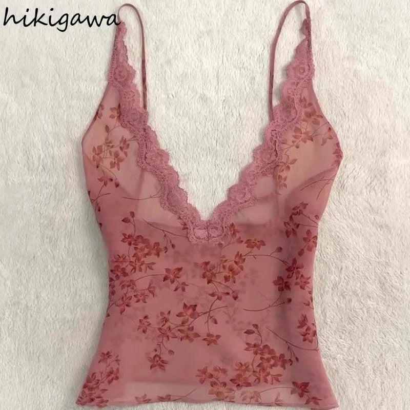 Women's Clothing See Through Tanks Gauze V-neck Sleeveless Tees Ropa Mujer Slim Fit Backless Camis Print Backless Sexy Vest Tops