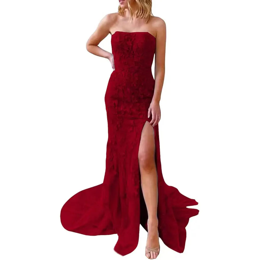 Customized Lace Appliques Strapless Prom Dresses Sexy Mermaid Side Slit Formal Evening Party Gowns Vestido De Fiesta