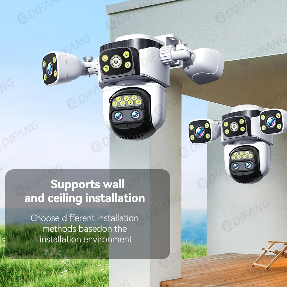 Outdoor 10K WiFi6 Camera 20MP 10X Optics Zoom Three Screen Four Len PTZ Automatic Tracking 6K Dual Lens Waterproof Security CCTV