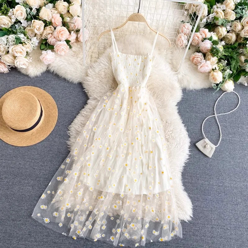 YuooMuoo Women Dress 2026 New Korean Fashion Floral Print Spaghetti Straps Mesh Party Dress Vacation Style Lady Beach Vestidos