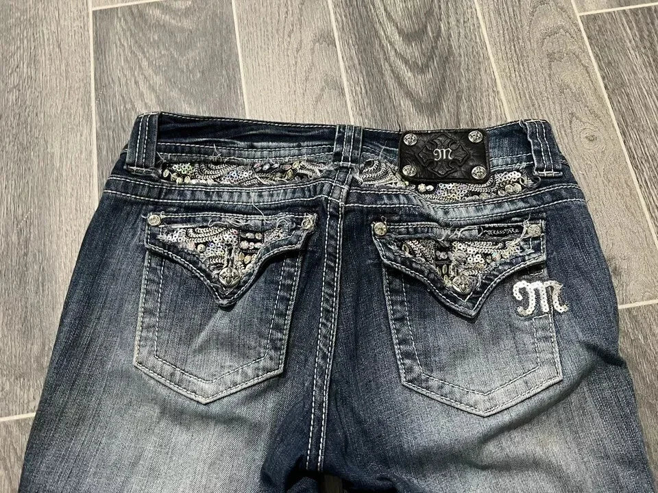 Blue Flared Jeans for Women Distressed Denim Bootcut Pants Tapered Casual Chic Vintage Style Everyday Wear with Decor Details