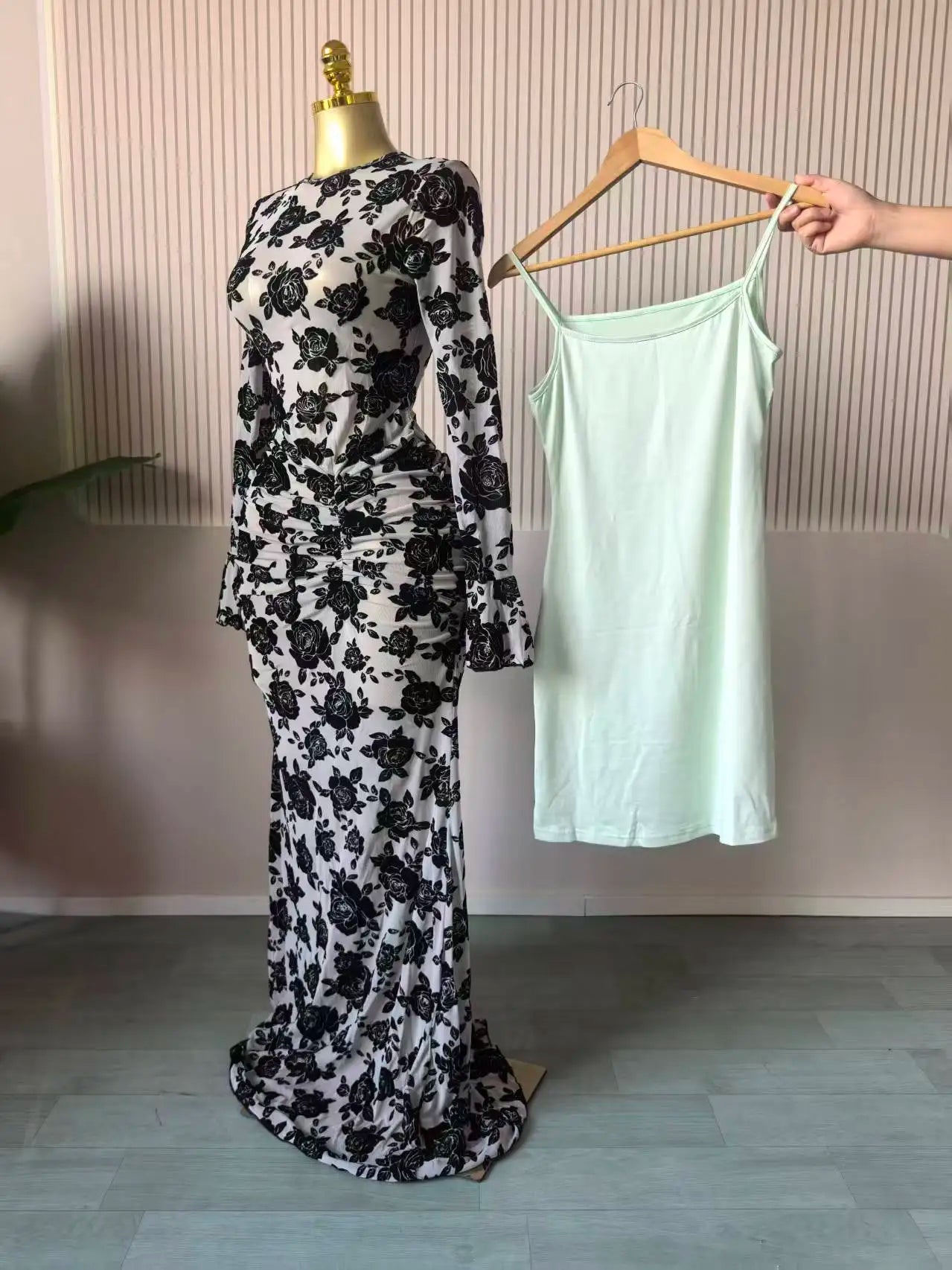 CM.YAYA Women Long Sleeve Stacked Mesh See Though with Lining Bodycon Long Dress 2025 Autumn Evening Birthday Sexy Party Dresses