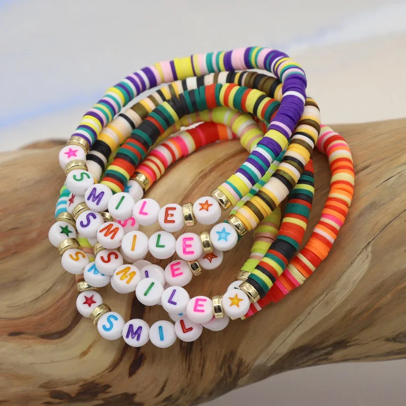 Multicolor Clay Beaded Letter Bracelet | Custom Friendship & Love Boho Jewelry