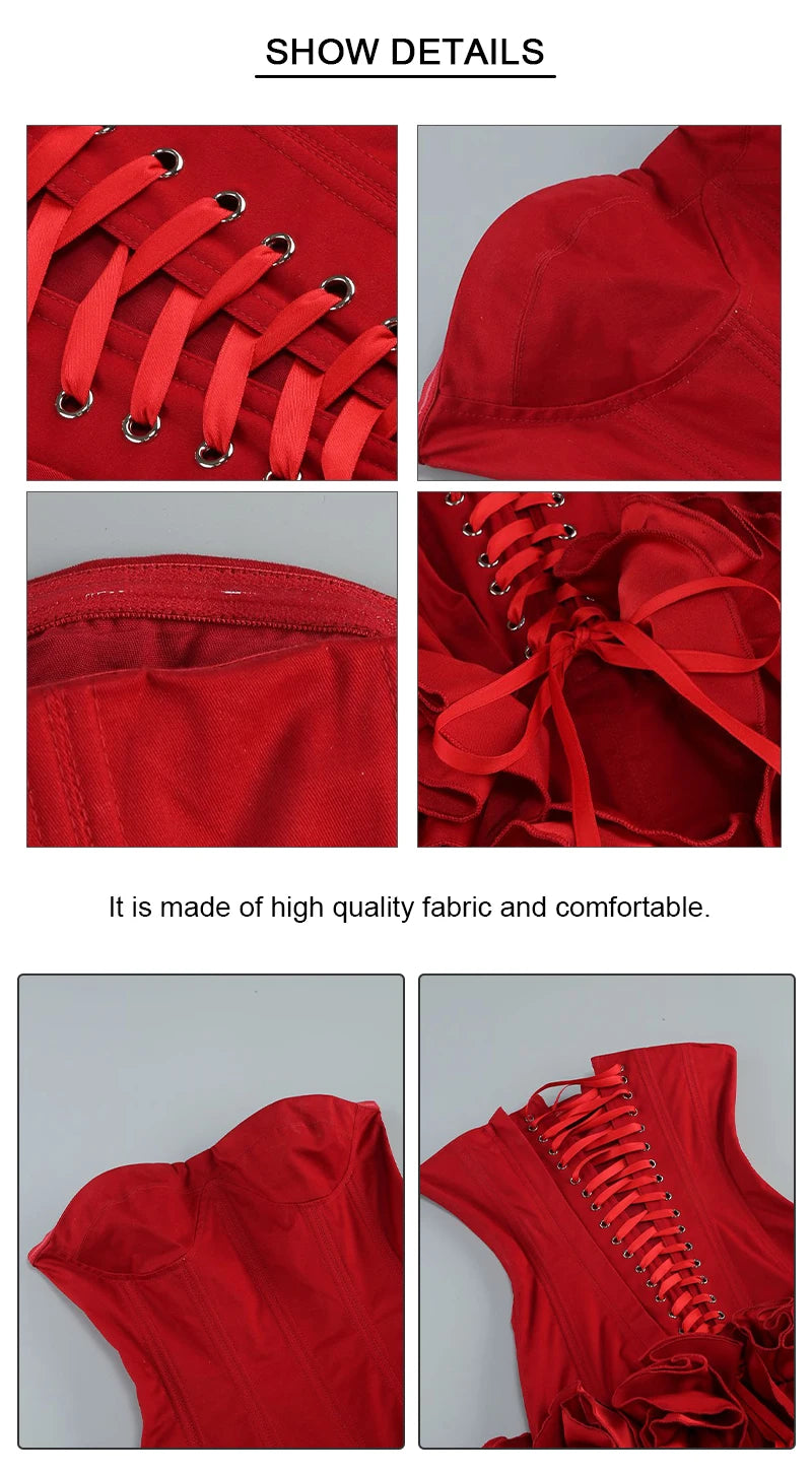 VC Christmas Dress Strapless Backless Red Structured Floral Embellished Mini Length Bodycon Celebrity Party Cocktail Dress