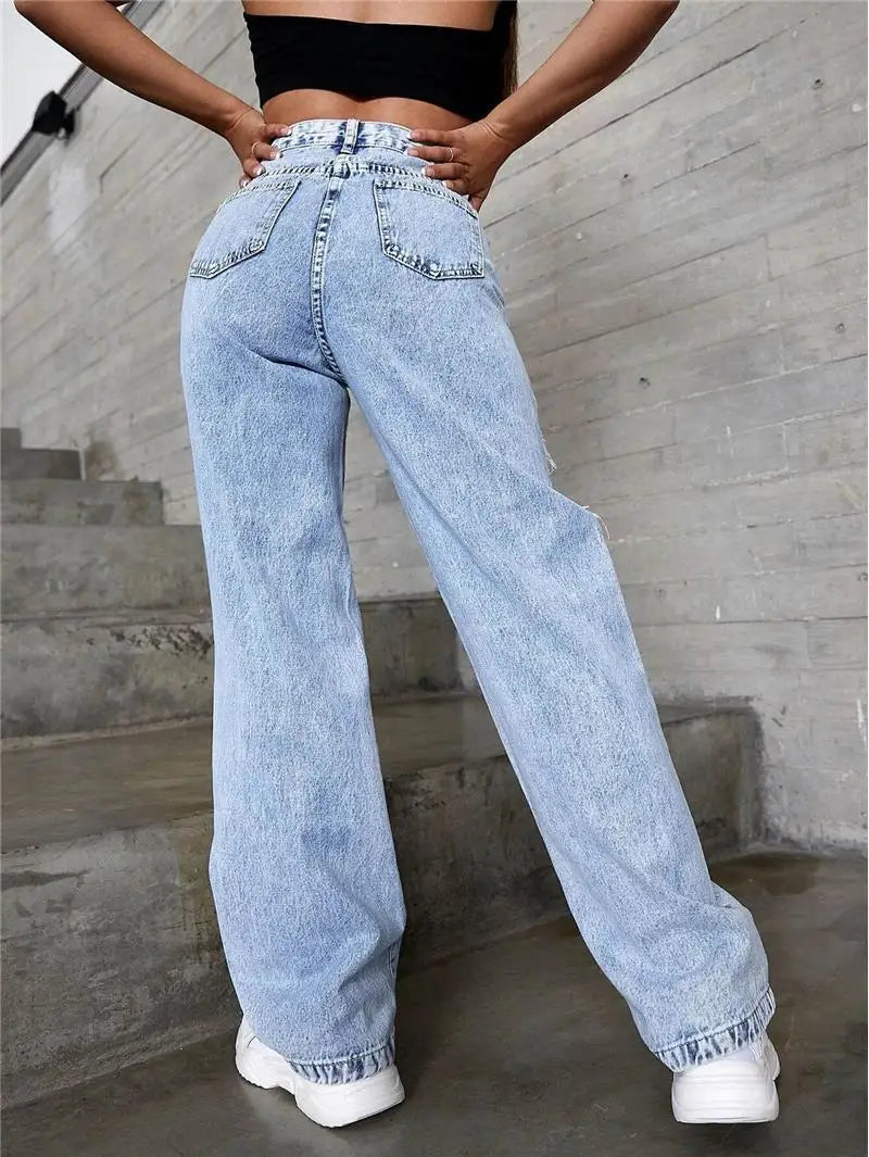 Women’s High-Waist Ripped Jeans – Mid-Stretch Trendy Denim