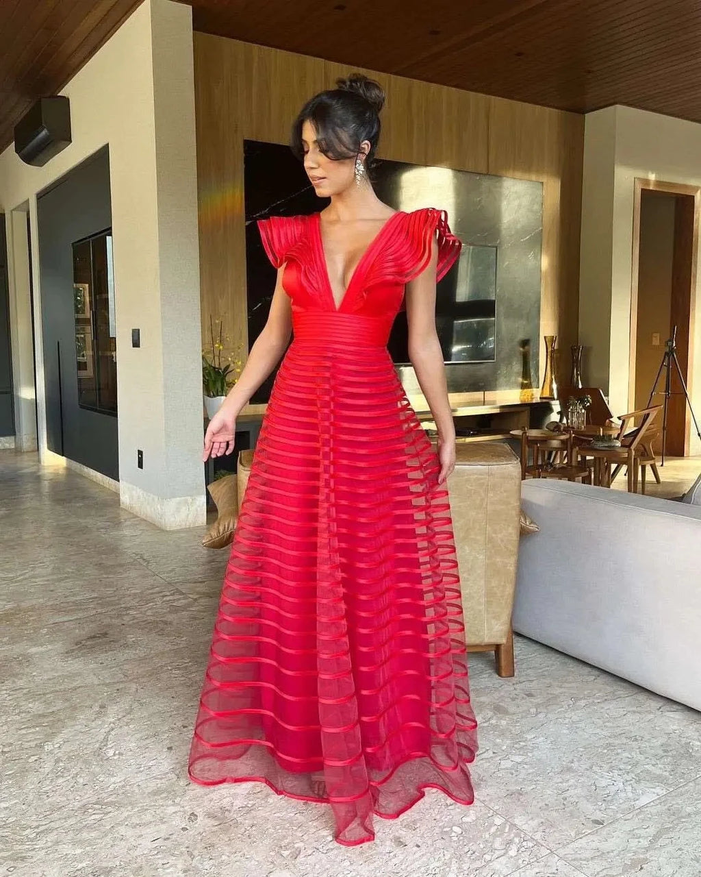 ROSES A Line Fuchsia Formal Dresses Pleat Sleeveless Prom Gown for Woman Deep V Neck Wedding Party Dress robe de bal Customized