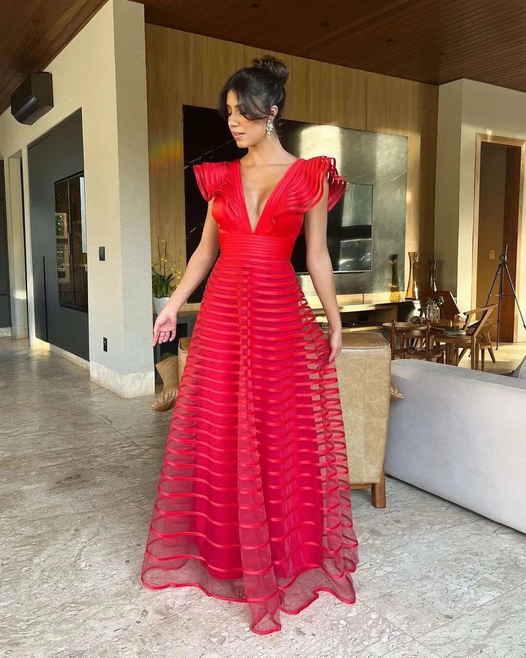 ROSES A Line Fuchsia Formal Dresses Pleat Sleeveless Prom Gown for Woman Deep V Neck Wedding Party Dress robe de bal Customized