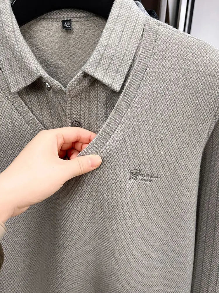 Men's Plush Sweater Autumn Winter Fashion Button Lapel Striped Pullovers Business Casual Fleece Lined Knitted Thickened Sweaters