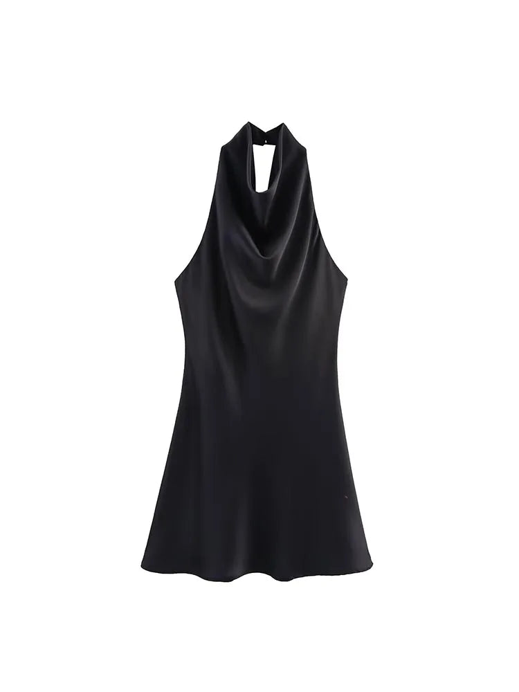 2025 Women Summer Halter Mini Dress Fashion Sexy Satin Backless Solid Female Elegant Street Party Dresses Clothing
