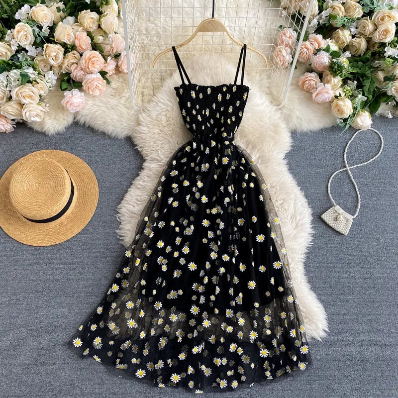 YuooMuoo Women Dress 2026 New Korean Fashion Floral Print Spaghetti Straps Mesh Party Dress Vacation Style Lady Beach Vestidos