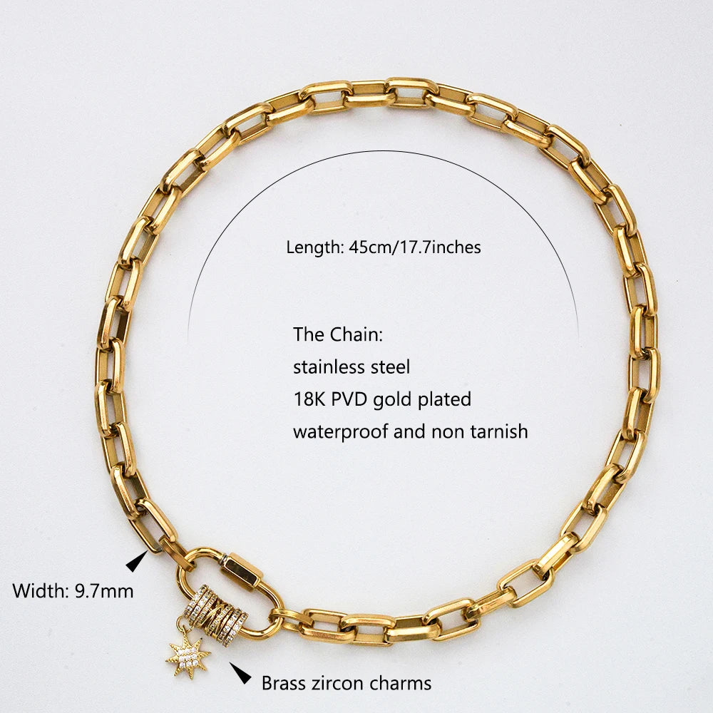 2025 Luxury Gold-Plated Chunky Chain Necklace | Stainless Steel Carabiner Design with Zircon Charms