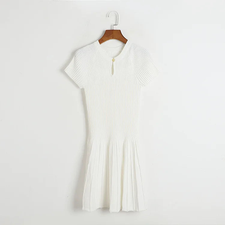 Ribbed Knitting A-line Short Dress Chic Elegant Slim Summer Dress 2025 Short Sleeve Round Neck Fashion New Dresses Vestidos