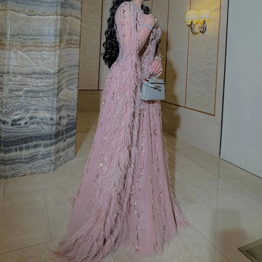 MisShow Customized Pink Feather & Beaded Evening Dress Gown with Sleeves Modest Dresses for Arabic Weddings & Royal Banquets