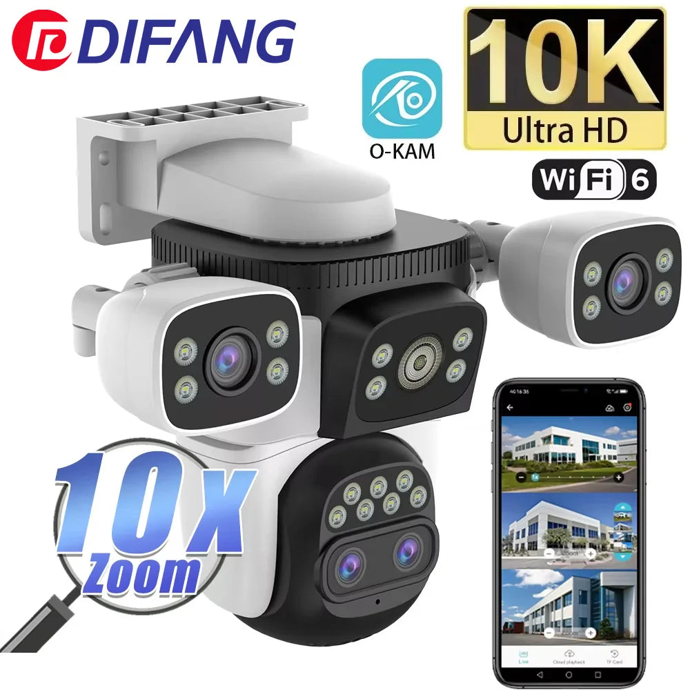 Outdoor 10K WiFi6 Camera 20MP 10X Optics Zoom Three Screen Four Len PTZ Automatic Tracking 6K Dual Lens Waterproof Security CCTV