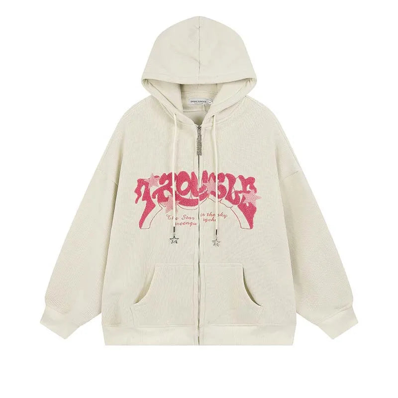 Fashion Embroidery Zip Up Hoodies Women Autumn Long Sleeve Tops Loose Hood Shirt Harajuku Y2K Clothes Female Sweatshirt Jacket