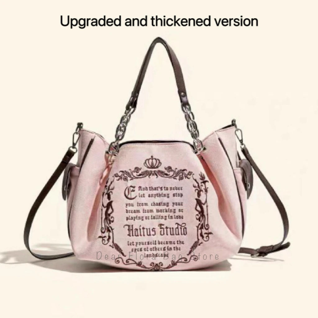 Y2K Women Pink Vintage Gothic Tote Bag Aesthetic Large Capacity Embroidery Letter Retro Ladies Grunge Chain Travel Shoulder Bags