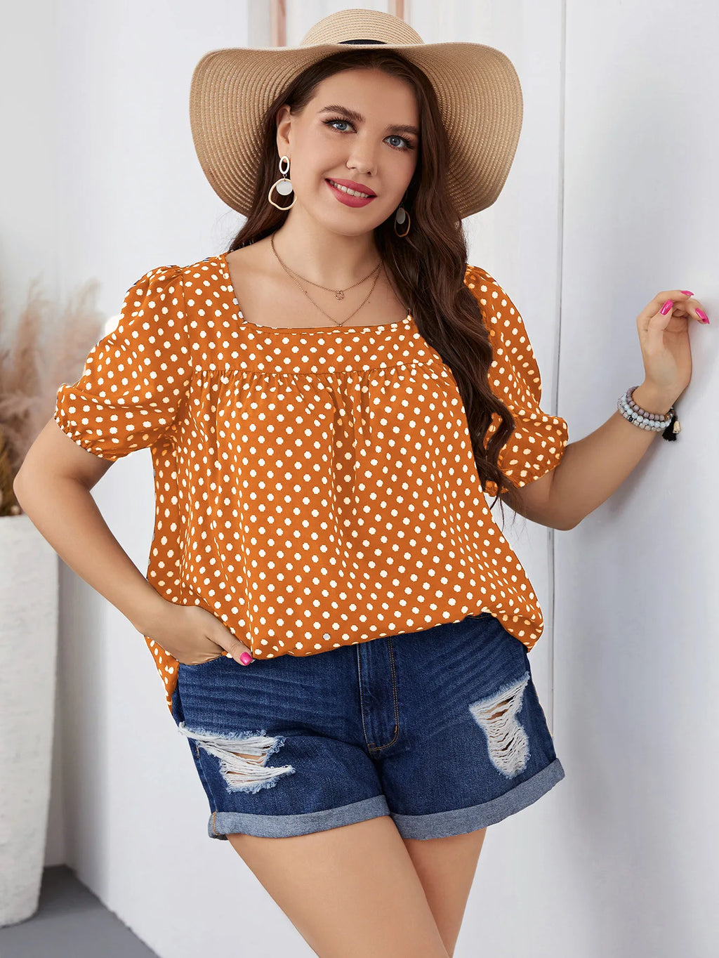 FairyShely Plus Size Square Collar Summer Top – Elegant Short Sleeve Casual T-Shirt for Women