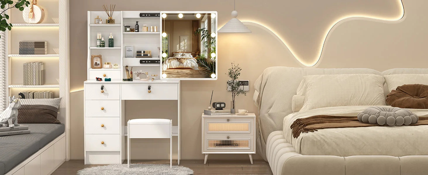 Lighted Vanity Desk Dressing Table Dresser Desk With Stool Set LED Makeup Mirror