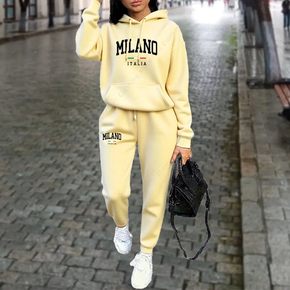 Women’s “MILANO” Letter Print Tracksuit – 2-Piece Hoodie & Pants Set, Casual Sportswear Outfit (Autumn/Winter 2025)