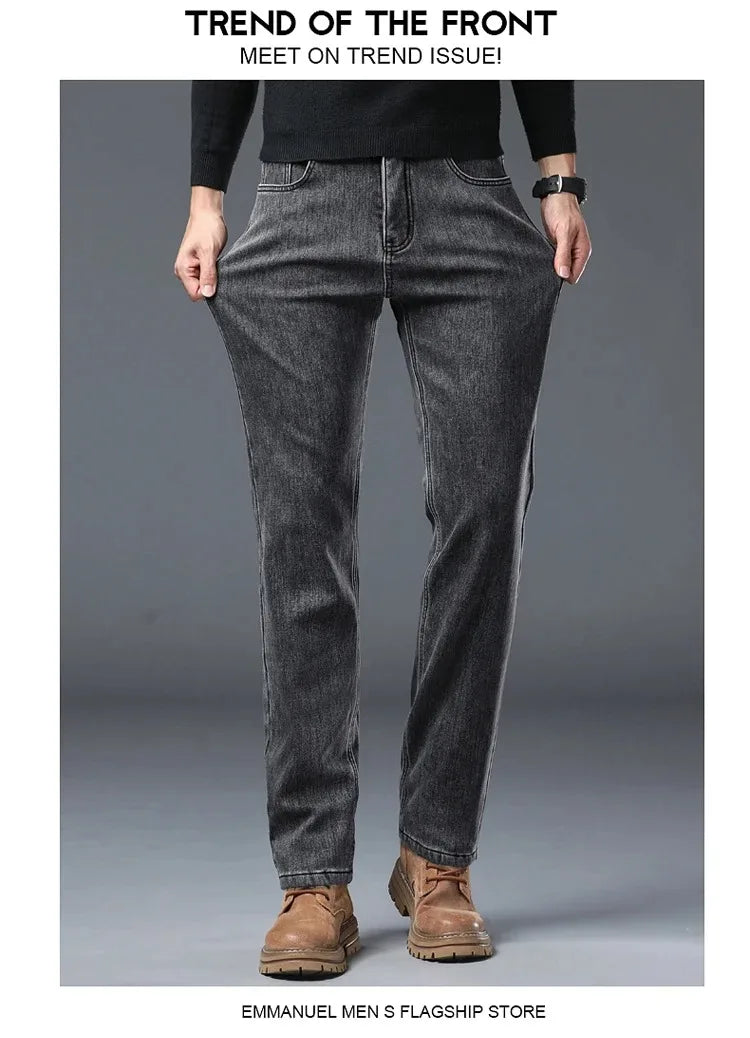 2025 New Winter Men Black Straight Stretch Denim Thick Velvet Pants Warm Jeans Casual Fleece Line Trousers Male Plus Size