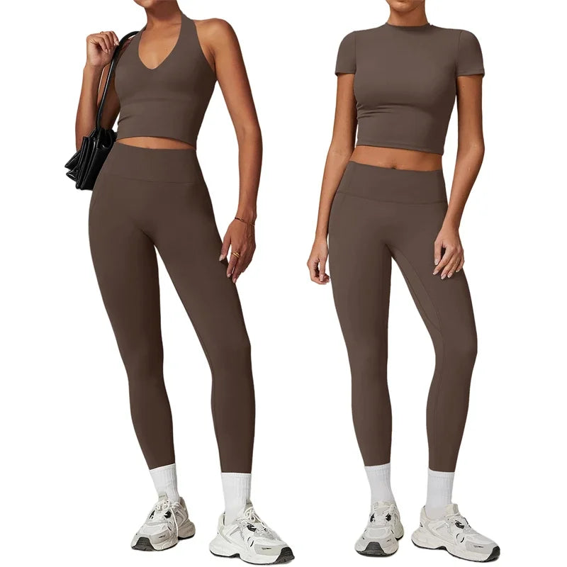 Women’s Seamless Yoga Set – Short Sleeve Crop Top & High-Waist Leggings
